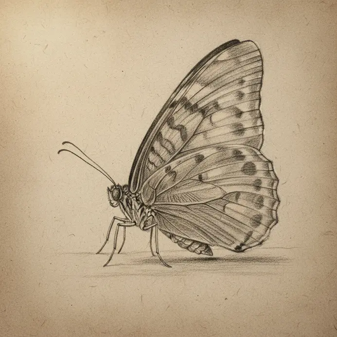 A pencil drawing of a butterfly at rest, viewed from the side with its wings folded together.