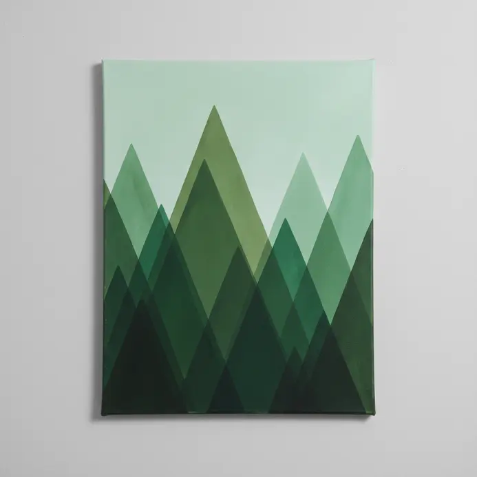 A row of evergreen tree silhouettes in varying shades of green acrylic paint on a canvas.