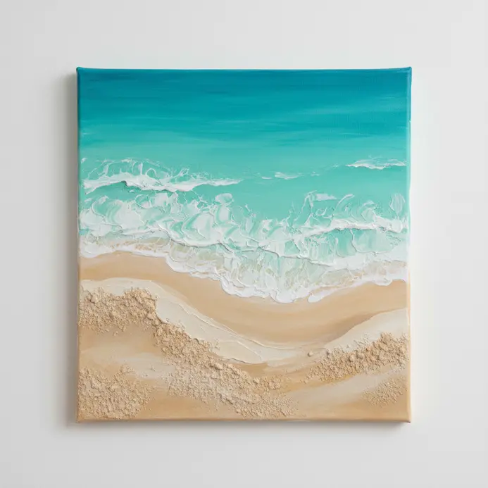 A shoreline painting where the sand is created with thick, textured acrylic paint to mimic granules.