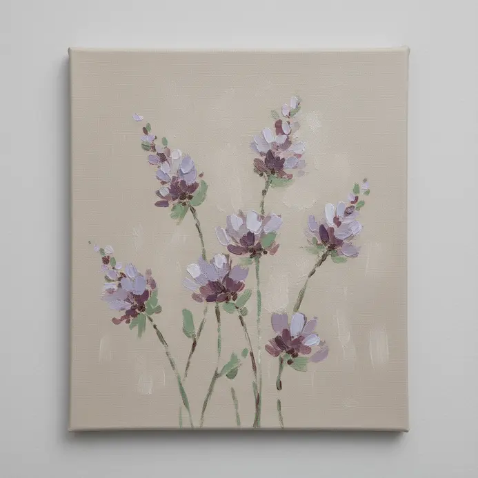 Purple lavender sprigs painted with short, visible brush strokes in an impressionist acrylic style.