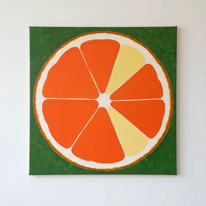 A single slice of orange with bright orange flesh and a white rind, painted simply with acrylics.