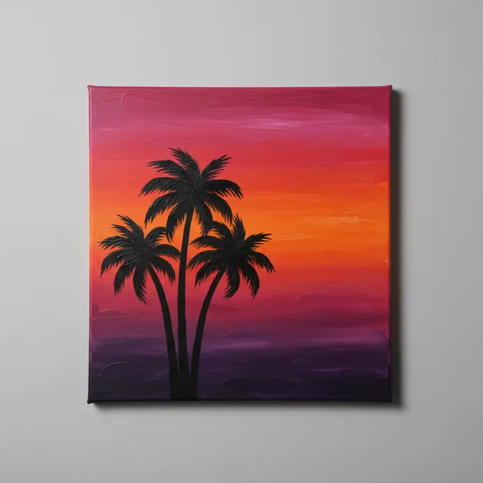 A vibrant orange to purple gradient sky with black palm tree silhouettes painted in acrylic.