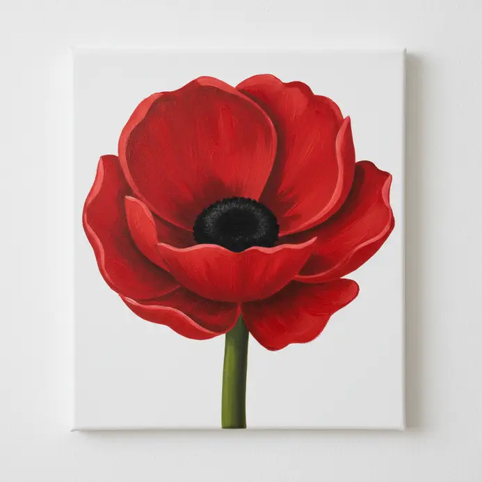 A bold red poppy flower with a black center and green stem, painted with simple acrylic shapes.