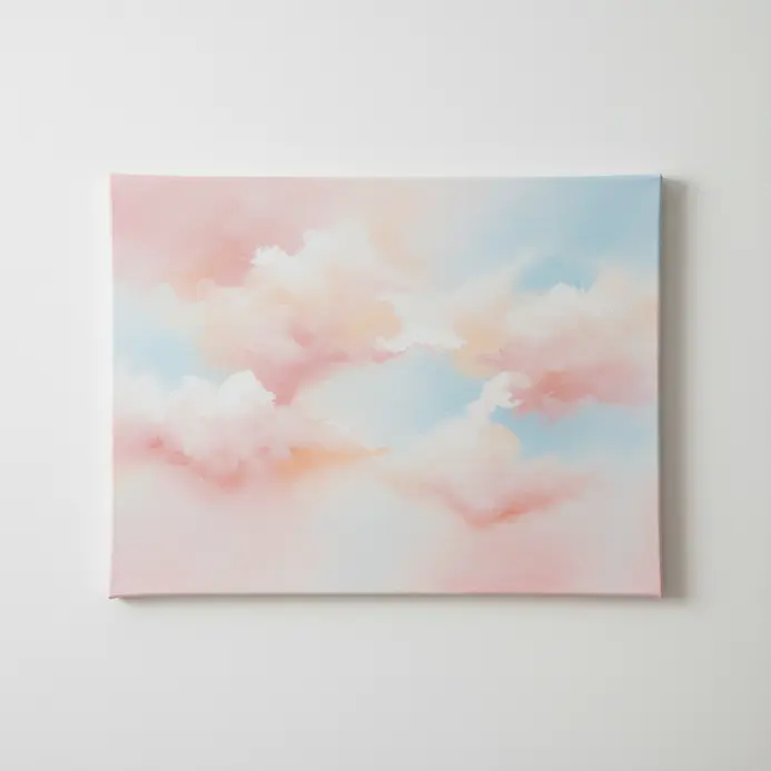 A gradient background of light pink, peach, and blue with fluffy white pastel clouds painted in acrylic.