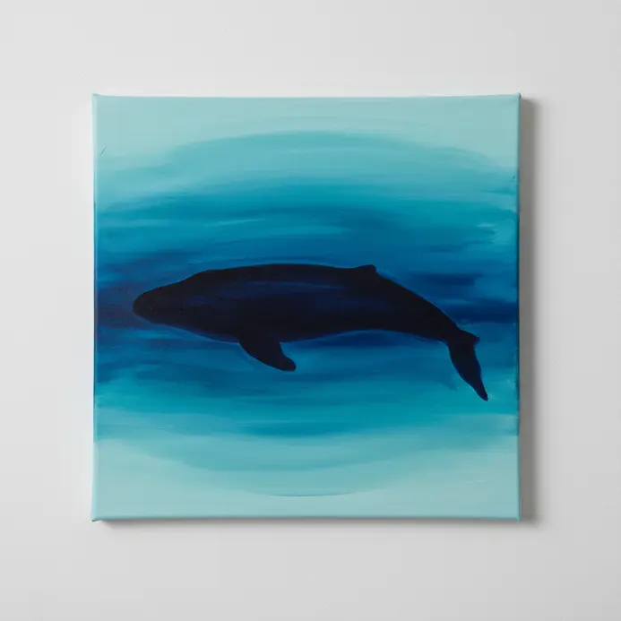 A large dark whale shape against a gradient background of deep blue and teal acrylic paint.