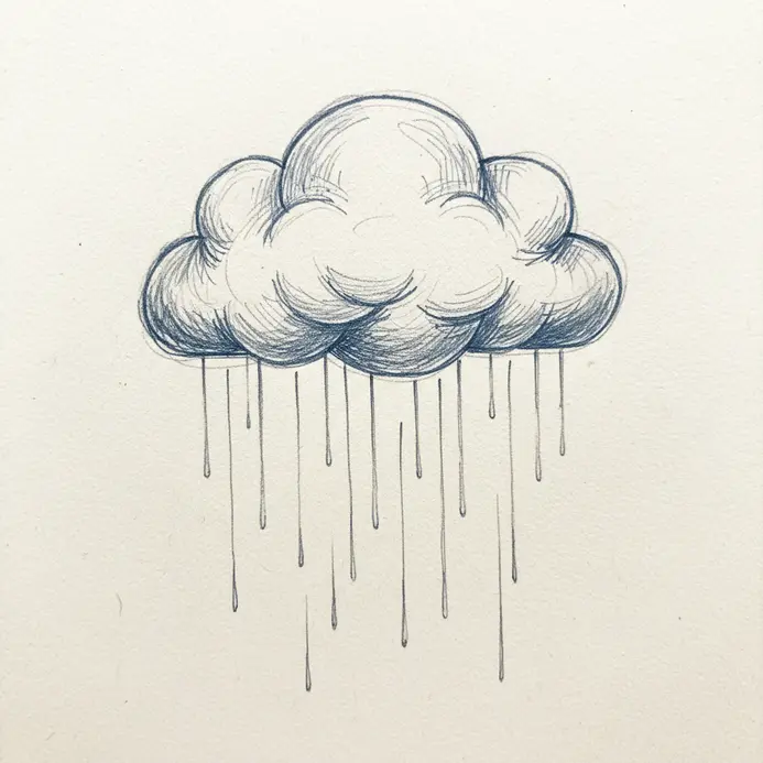 A soft cloud with short, straight lines descending from its base to represent a gentle rain shower.