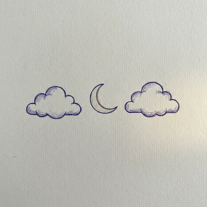 Two small, puffy clouds drawn on either side of a thin crescent moon in a nighttime scene.