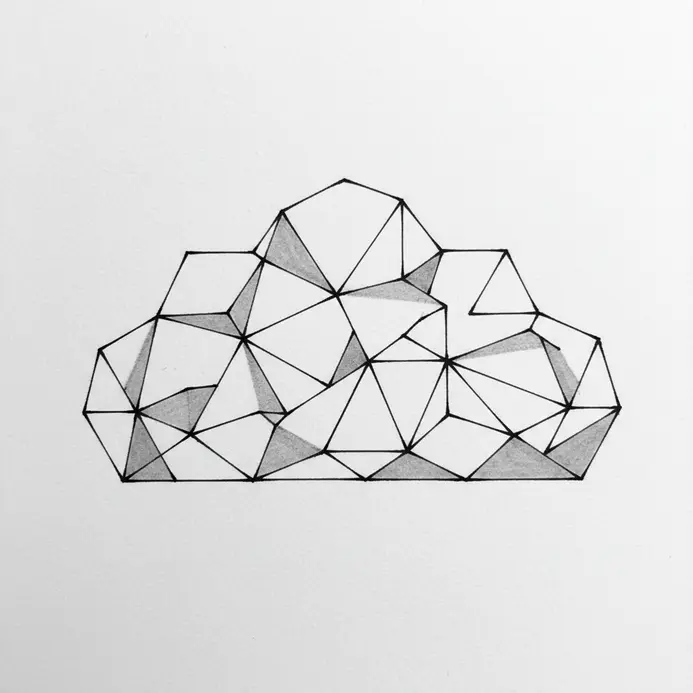 A stylized cloud constructed from connected hexagons and triangles, creating a sharp, geometric form.