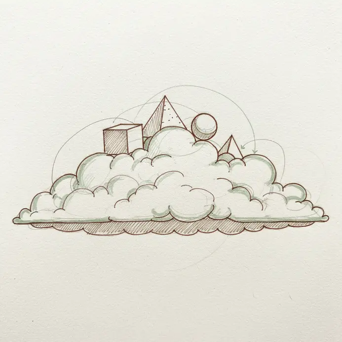 A large, flat-bottomed cloud sketched as a foundation, with simple landforms drawn on top of it.