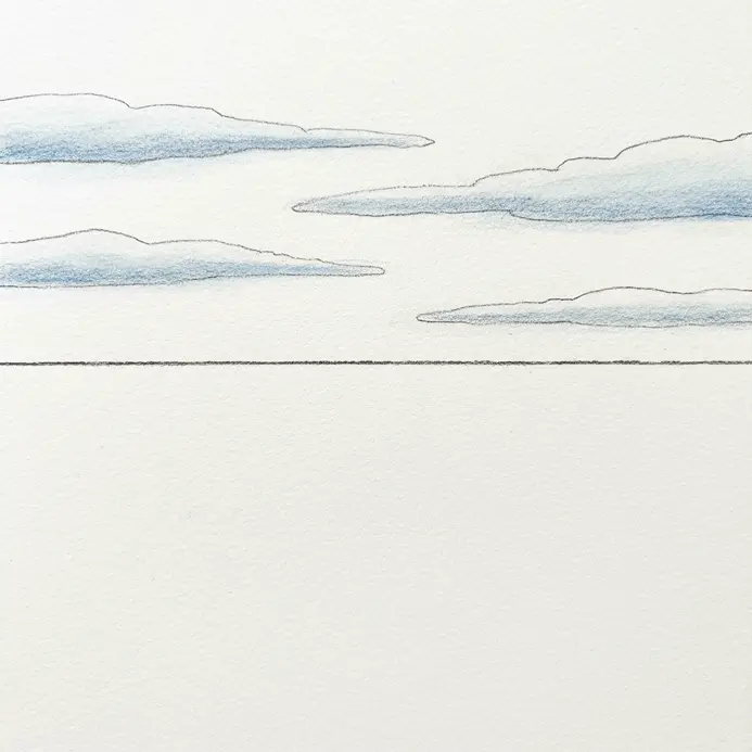 A straight horizon line with a series of short, flat cloud shapes sketched above it in a minimalist style.