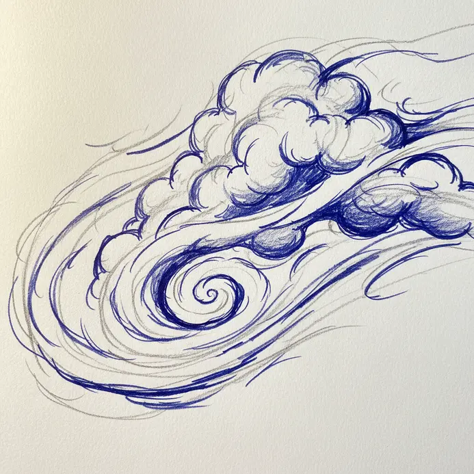 A cloud drawn with spiraling, curved lines that sweep outward, suggesting it is being blown by the wind.