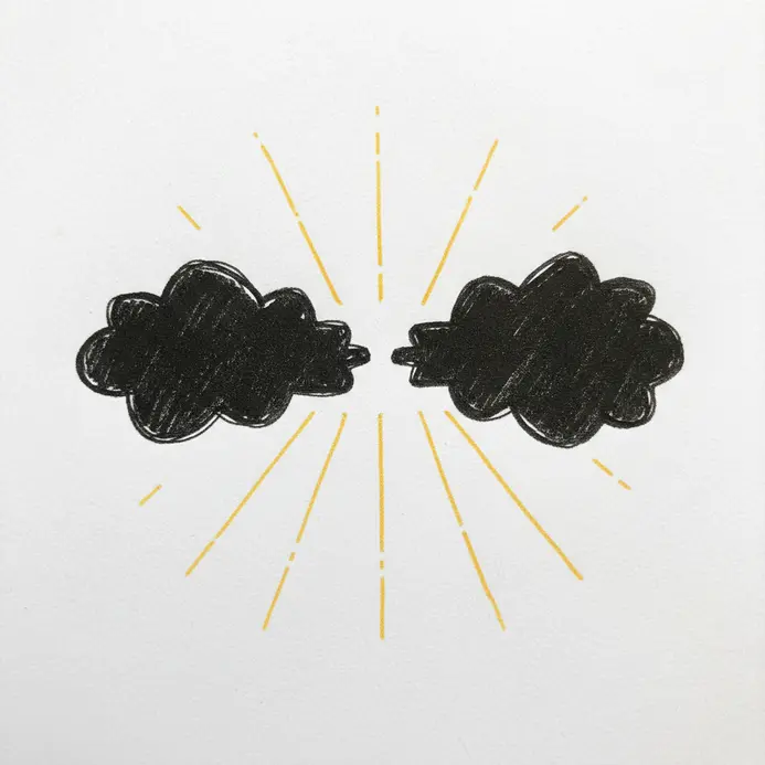 A gap between two clouds with straight, radiating lines drawn to represent beams of sunlight shining through.