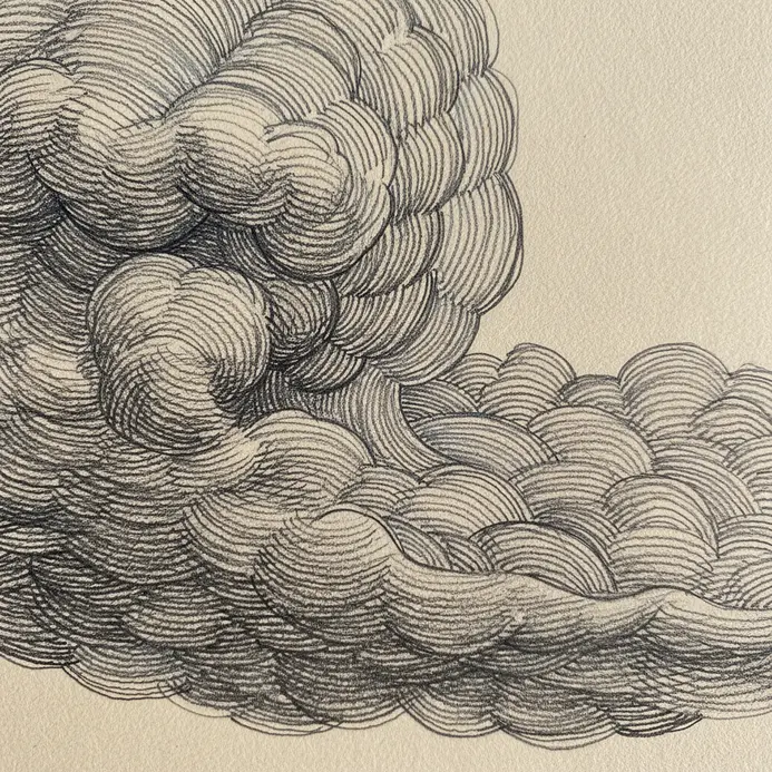 A large, dark cloud rendered using closely spaced parallel lines to create a deep, textured shadow.