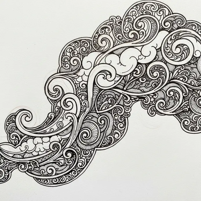 An elaborate cloud border drawn with curlicues, scrolls, and delicate patterns within its fluffy shape.