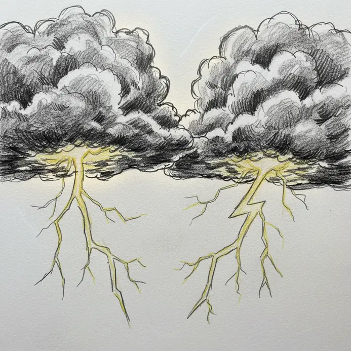 Two dark, lumpy clouds with jagged, zigzagging lightning bolts drawn striking down from their bases.