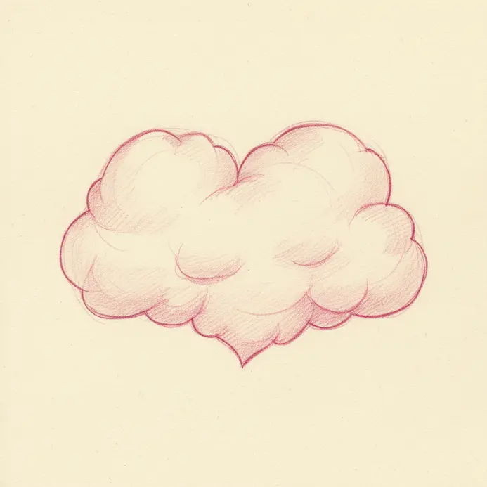 A cute, fluffy cloud drawn in the clear outline of a heart, with soft, rounded edges.