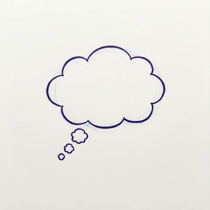 A cloud resembling a thought bubble, with a wavy outline and a small tail extending downward.
