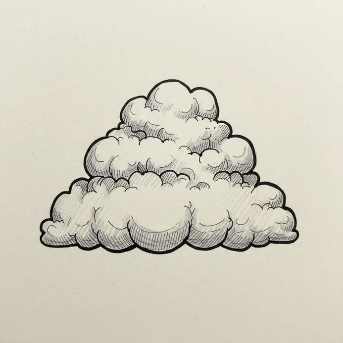 A cumulus cloud drawn with layered, rounded protrusions that resemble the florets of broccoli.