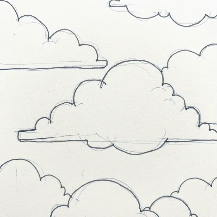 Several cloud forms overlapping, with broken lines used to suggest soft, transparent edges where they meet.