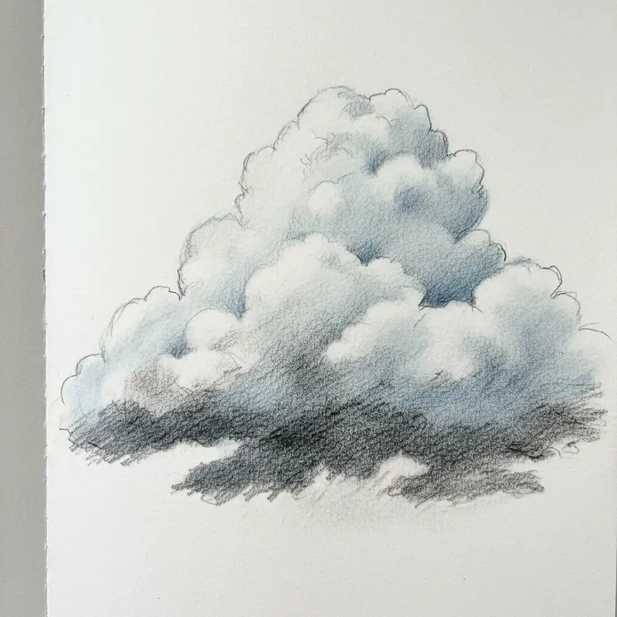 A fluffy cloud with a dark, shaded underside created with cross-hatching to suggest weight and dimension.