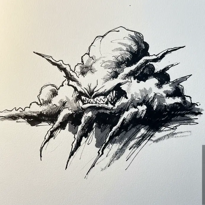 An angry-looking cloud with sharp, pointed edges and a dark, textured base drawn with aggressive lines.