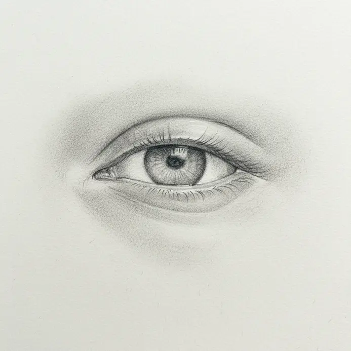 A realistic pencil drawing showing subtle shading for a lower eyelid bag.