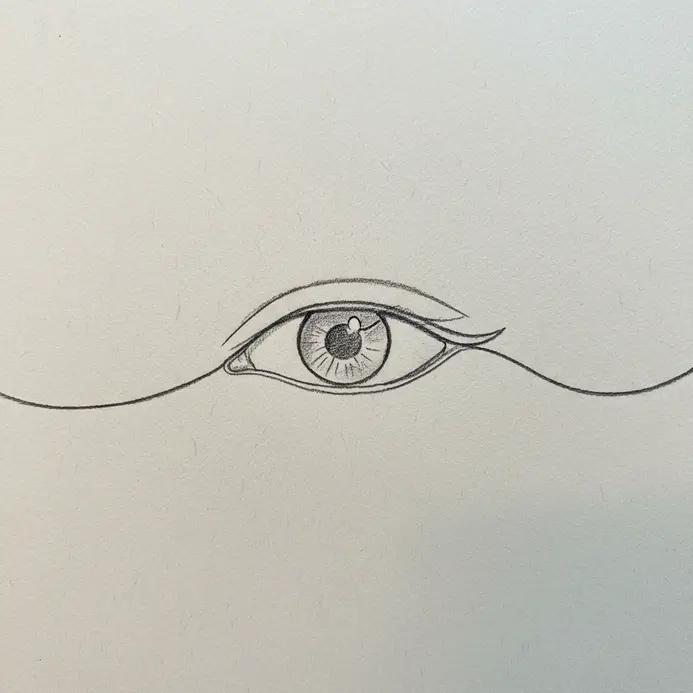 A clean, minimalist line art drawing of a human eye using a single pencil line.