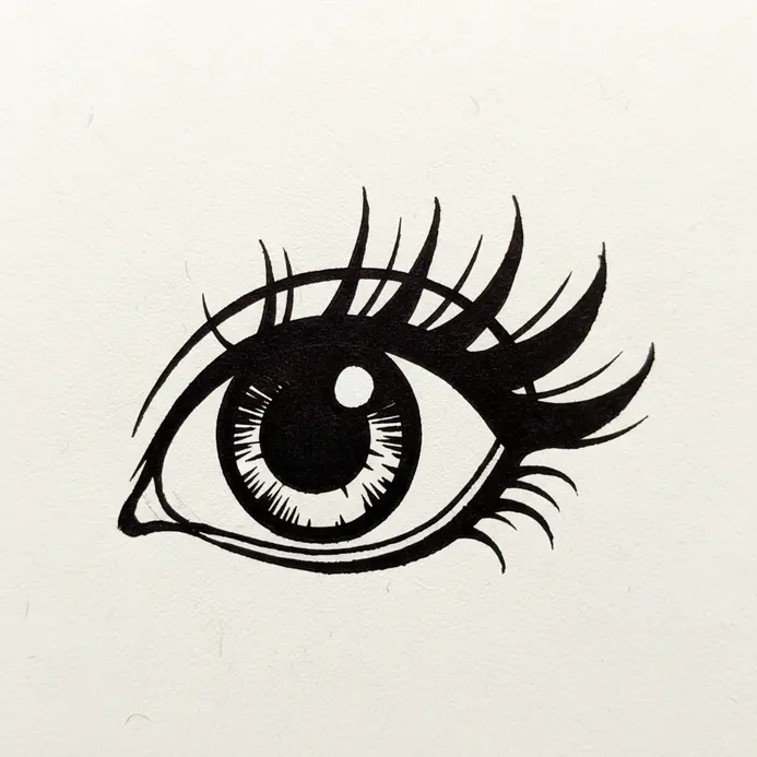 A playful cartoon style drawing of a wide open eye with large lashes.