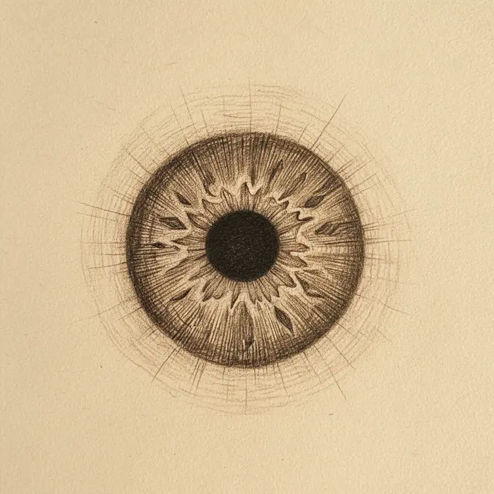 A graphite sketch focusing on an iris with detailed radial shading and texture.