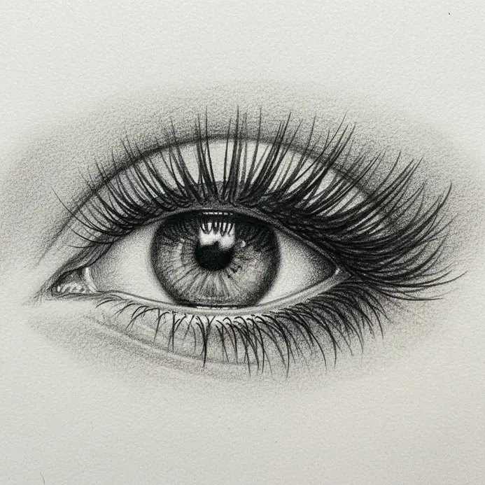 A realistic pencil drawing of an eye with detailed, heavy eyelashes.
