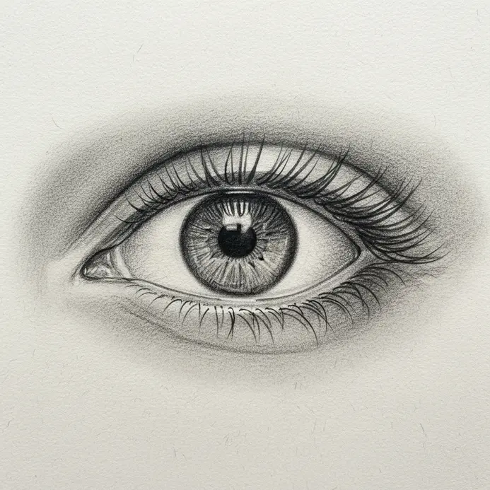 A graphite study of an eye and eyelid from a side profile perspective.