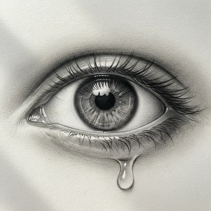 A pencil drawing of a watery eye with clear highlights and reflective surfaces.