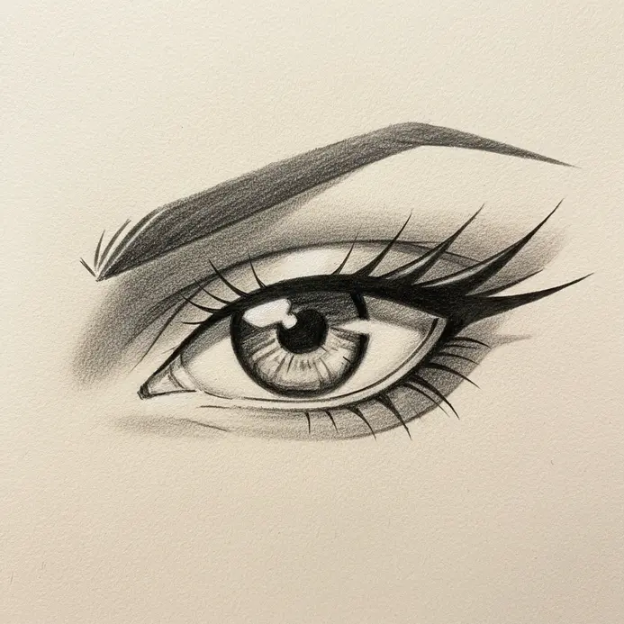 A sharp, angular anime style eye drawn with clean pencil lines.