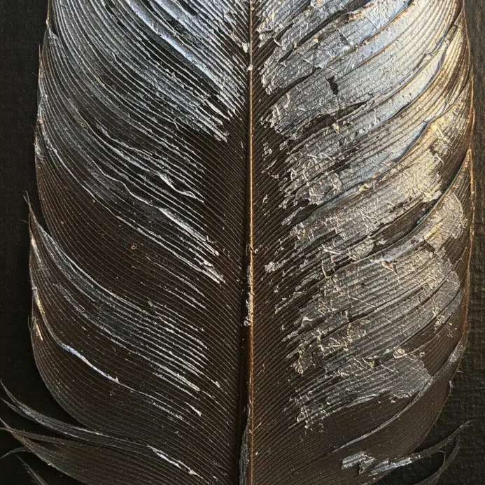 The central shaft and main barbs of a dark feather are highlighted with thin silver leaf.