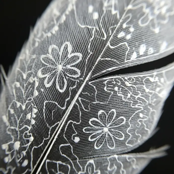 A black feather with a delicate, intricate lace pattern painted in white acrylic.