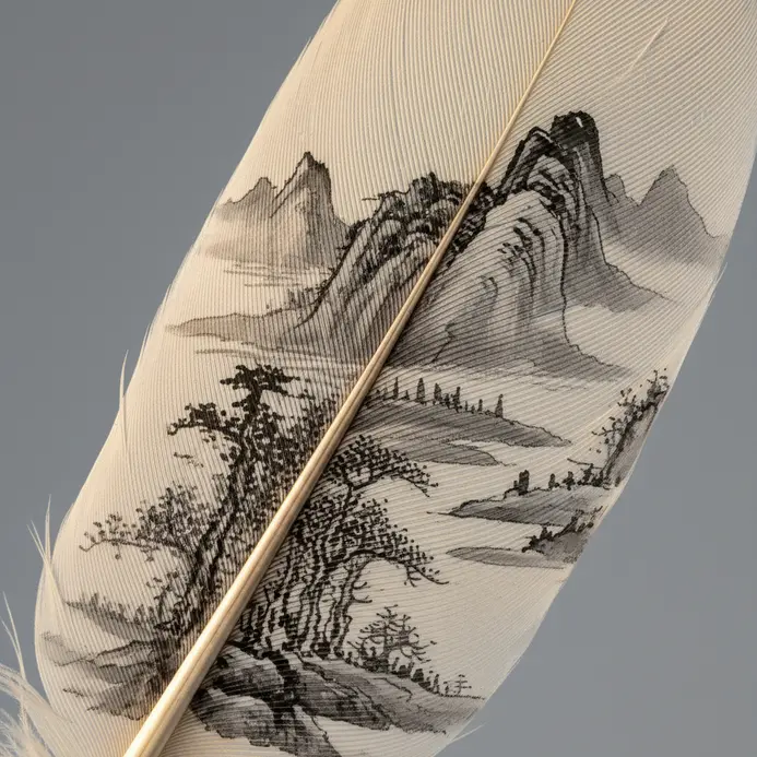 A single, continuous black ink line forms a minimalist tree branch across a light feather.