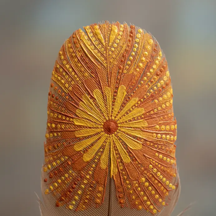 An intricate mandala with sunburst rays is painted at the base of a large, rounded feather.