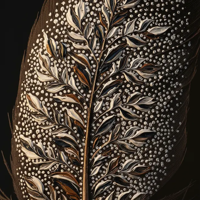 A dark feather with a circular mandala pattern created from small, precise white dots.