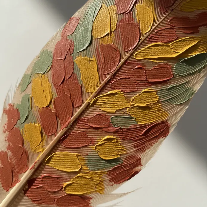 A feather features a geometric Aztec-style pattern painted in earthy tones of brown, red, and green.