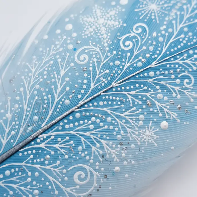 Several unique, detailed snowflake designs are painted in white across a pale blue feather.