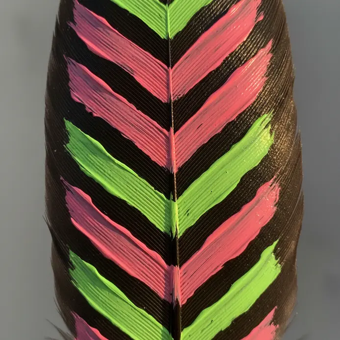 A black feather is painted with bold, angular chevron arrows in bright neon pink and green.