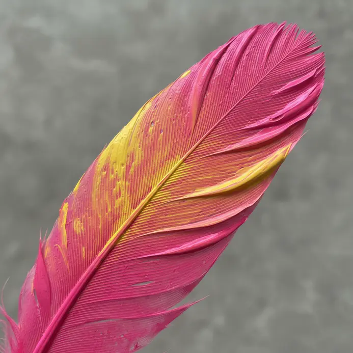 A feather with a smooth gradient base coat transitioning from bright pink to vibrant yellow.