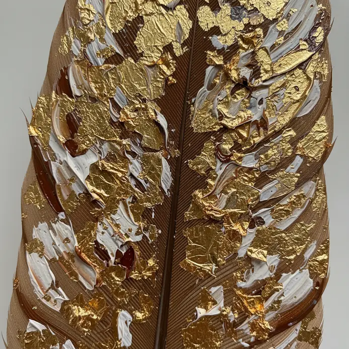 A natural brown feather with small, irregular pieces of gold leaf glued near its tip.