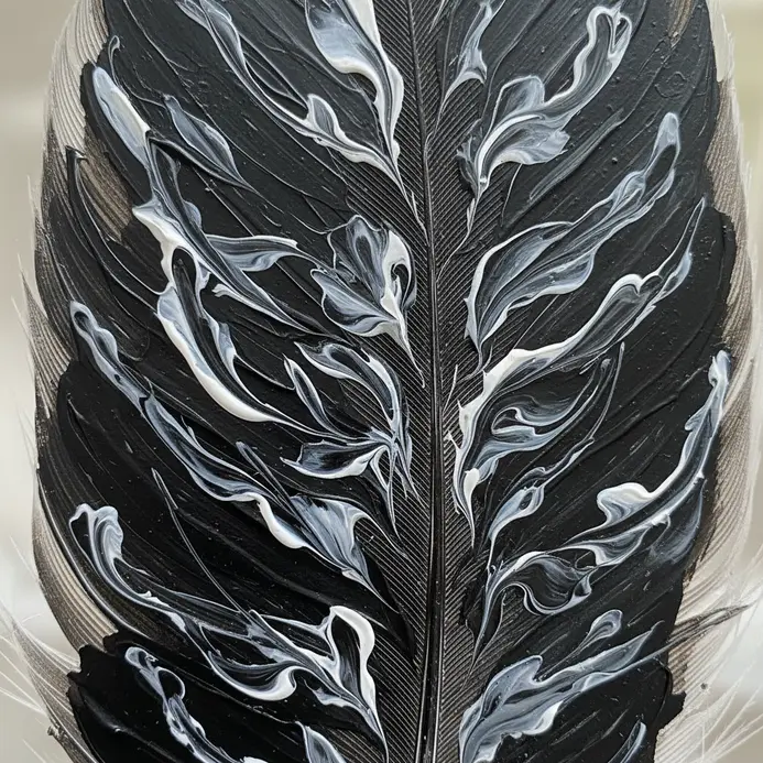 A stark white feather with a solid black paint silhouette of a bird in flight.