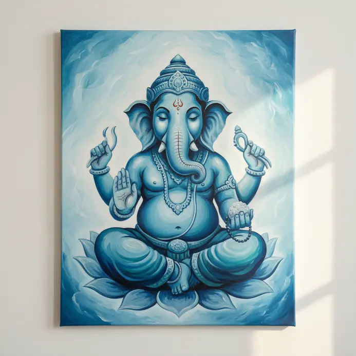 A peaceful depiction of a meditating Lord Ganesha rendered in various shades of serene blue acrylic paint.