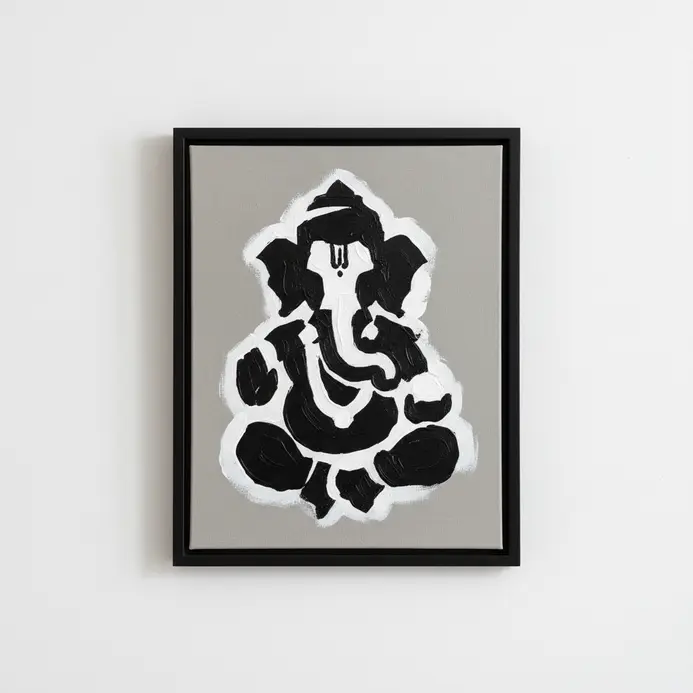 A graphic, high-contrast painting of Lord Ganesha using only black and white acrylic paint on a gray canvas.