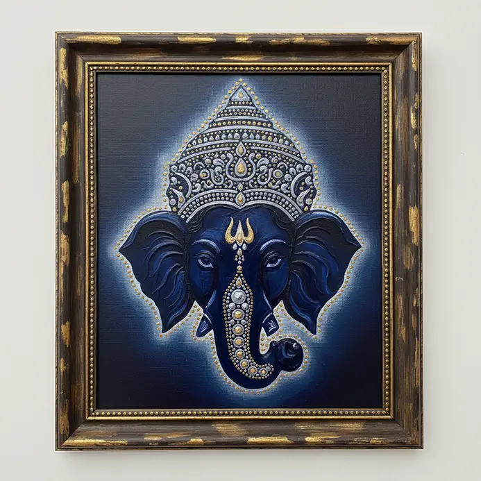 A detailed portrait of Lord Ganesha focusing on a crown decorated with jewel-like dots of silver and gold metallic paint.