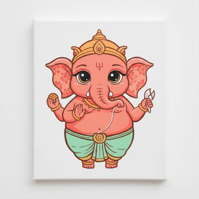 A charming, cartoon-style Lord Ganesha with oversized, expressive eyes and a simplified body painted in cheerful colors.