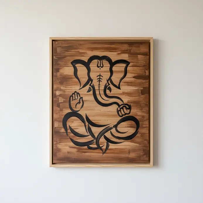 Lord Ganesha painted over a background that mimics rustic wood grain using brown and tan acrylics.