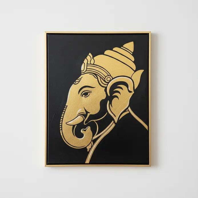 A side profile of Lord Ganesha painted in shimmering gold metallic acrylic on a black canvas background.